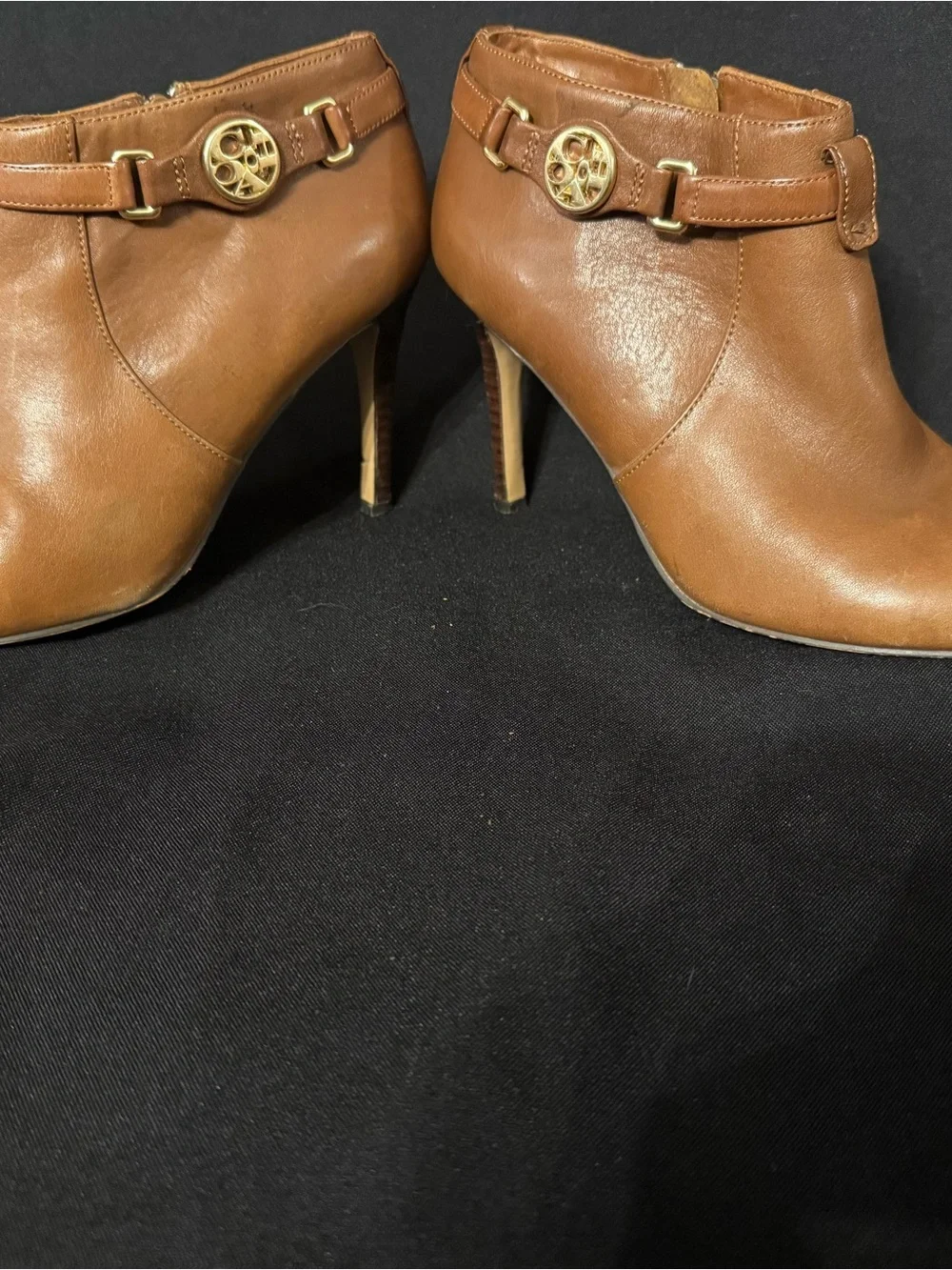 Coach Women's Tan Leather Ankle Boots with Gold Accent
